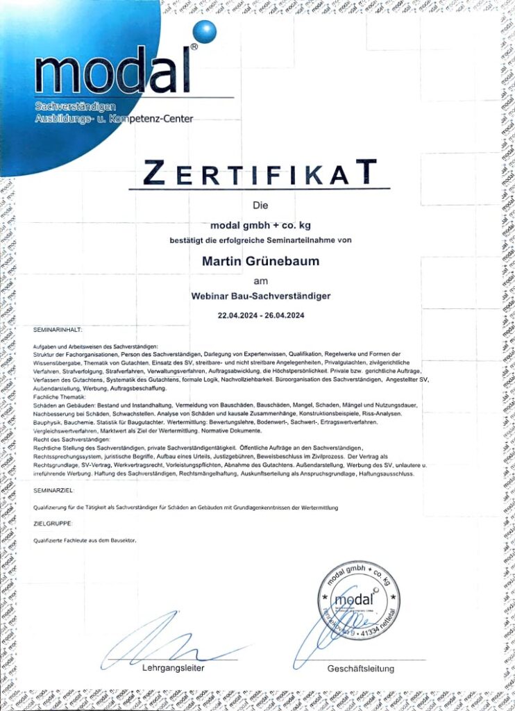 Modal Zwertifikat Webinar Bau Sachverstaendiger 2024