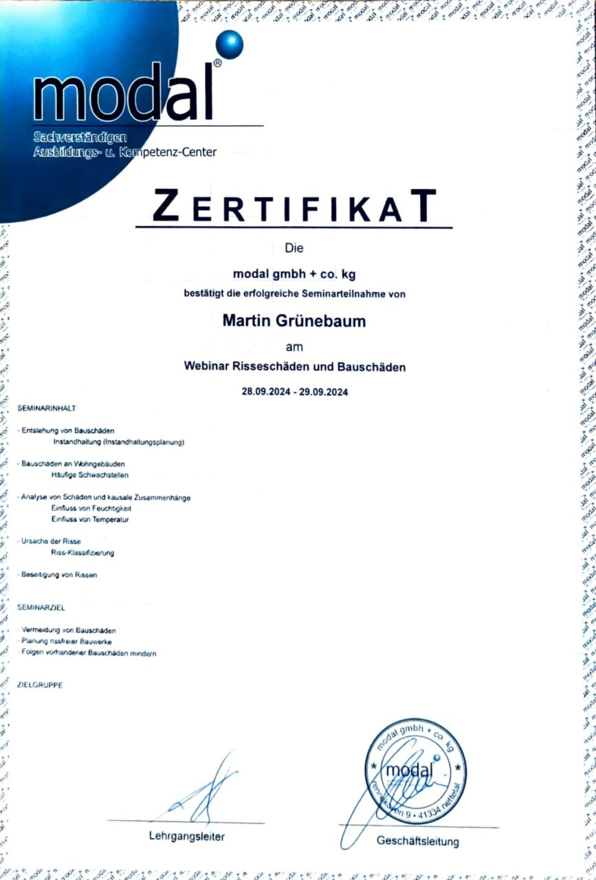Zertifikat Webinar Risseschaeden und Bauschaeden 2024