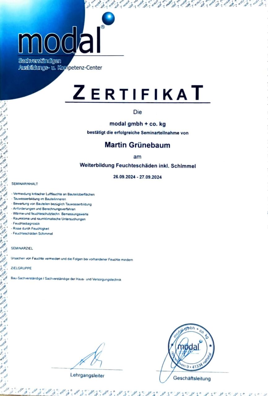 Zertifikat Weiterbildung Feuchteschaeden inkl Schimmel 2024